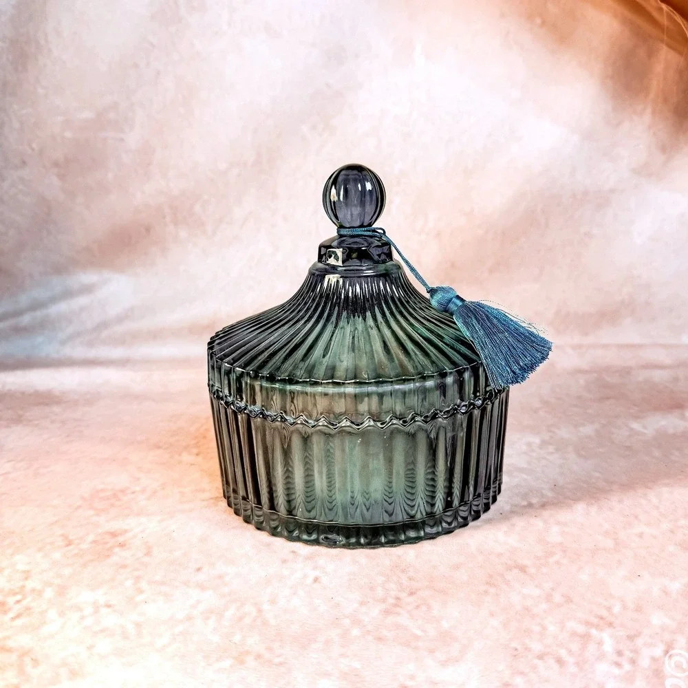 Blue Green Ribbed Glass Lidded Dish